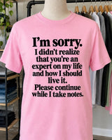 I'm Sorry I Didn't Realize That You're An Expert On My Life And How I Should Live It Please Continue While I Take Notes T-Shirt